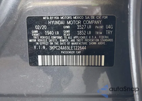 2020 Hyundai Accent Se z USA, uszkodzony, nr VIN 3KPC24A69LE122644